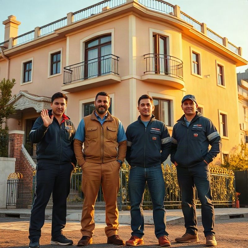 Equipo de cuatro electricistas de Fraybentos frente a un edificio residencial en Montevideo